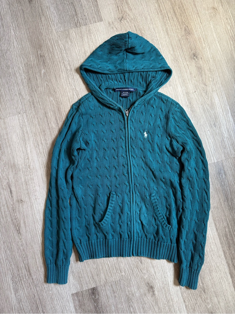 Ralph Lauren Sport Teal Cable Knit Zip Hoodie L